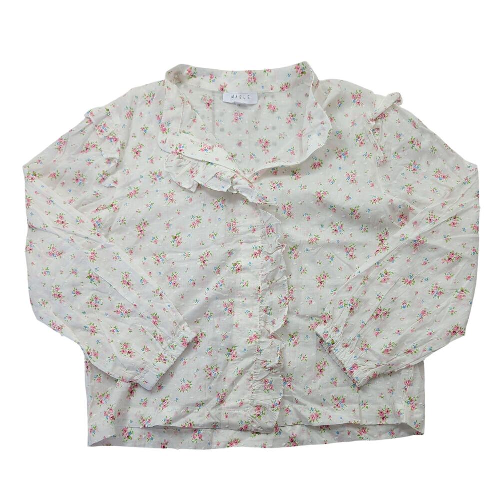 Mable Floral Peasant Cotton Blouse with Ruffles, Size Small